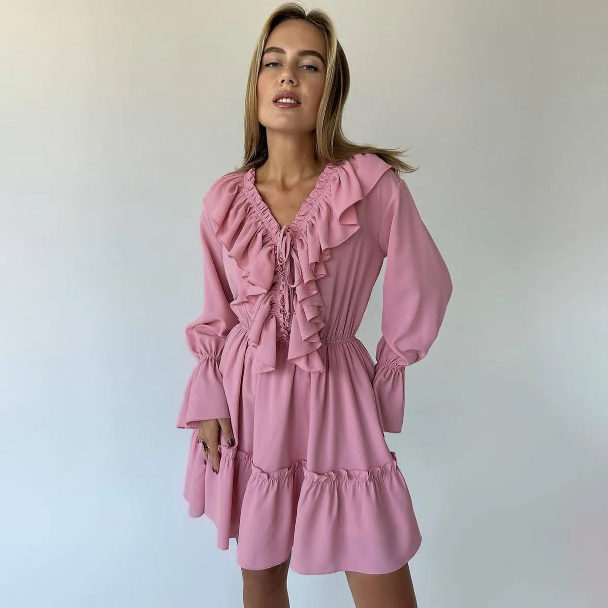 Fashion V Neck Pleated Ruffle Long Sleeve Dress - Bellarte Enchanté Fashion V Neck Pleated Ruffle Long Sleeve Dress